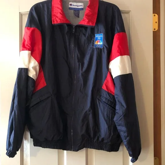Champion Blue Red 1996 Atlanta Olympics USA Athletic Zip Windbreaker Jacket L - Picture 1 of 14